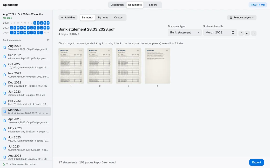 Uploadable on a computer: 27 months of bank statements in a sidebar, with the months they cover, and the pages of one statement.