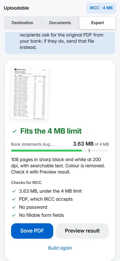 Uploadable on a phone: the finished file fits the 4 MB limit, ready to save.
